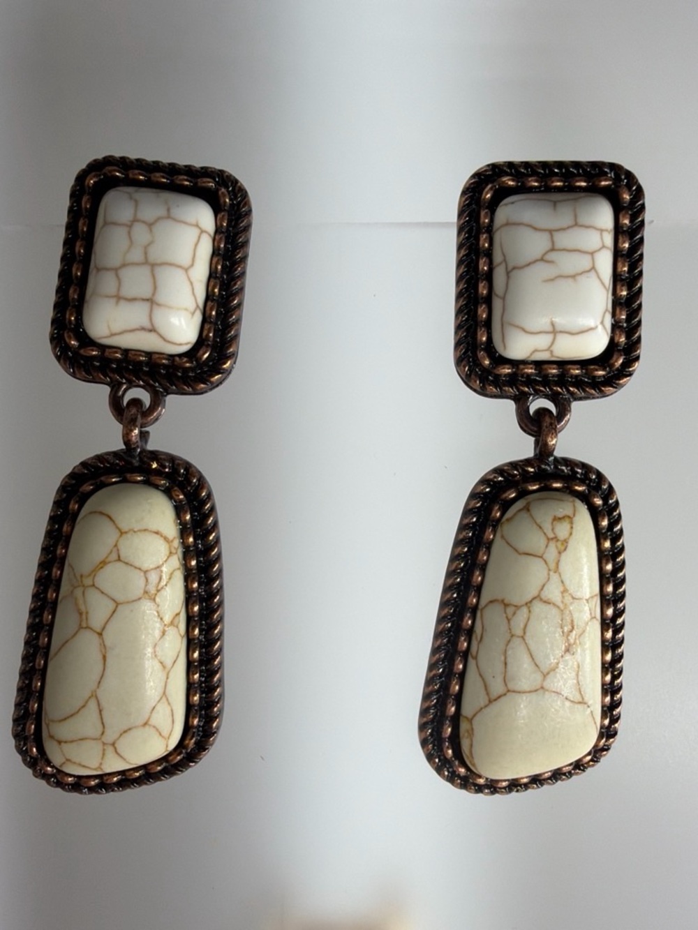Cream Stone Drop Earrings with Antiqued Brass Setting